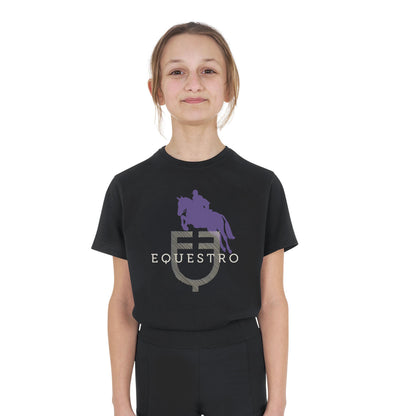 Camiseta de algodón con logotipo brillante de salto ecuestre para niños Equestro - Negro