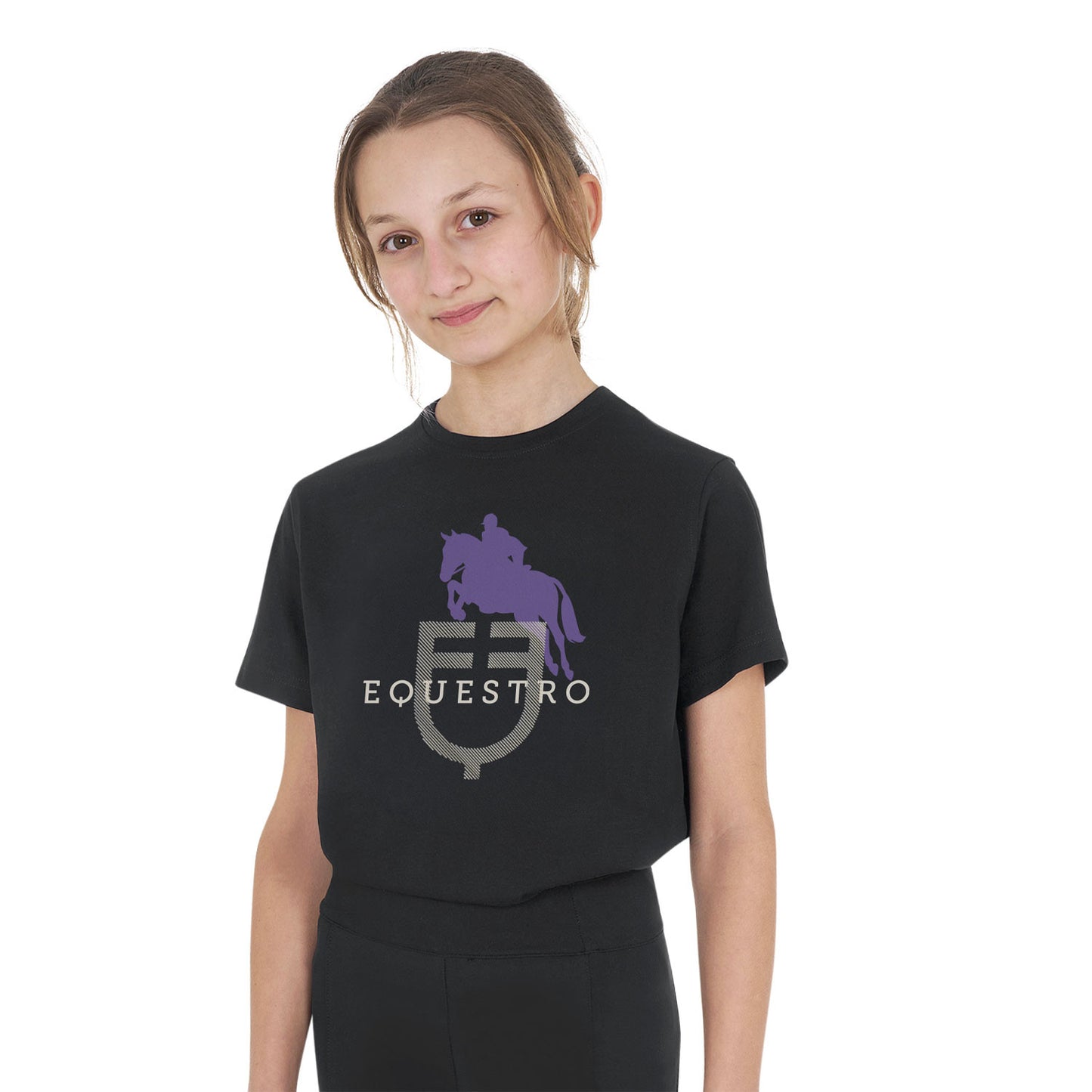 Camiseta de algodón con logotipo brillante de salto ecuestre para niños Equestro - Negro