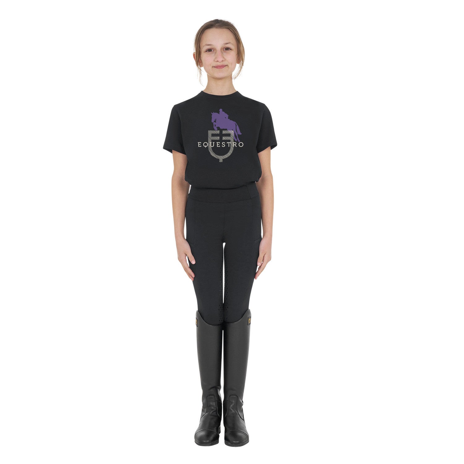 Camiseta de algodón con logotipo brillante de salto ecuestre para niños Equestro - Negro