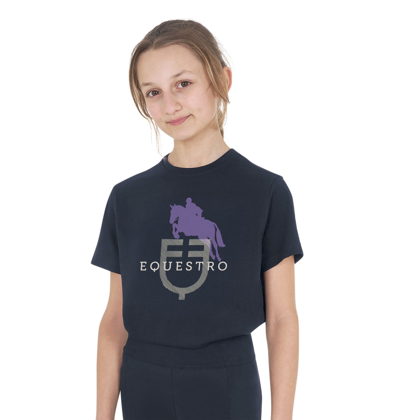 Camiseta de algodón con logotipo brillante de salto ecuestre para niños Equestro - Azul marino
