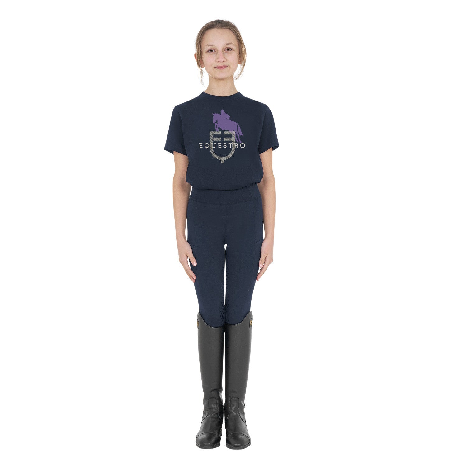 Camiseta de algodón con logotipo brillante de salto ecuestre para niños Equestro - Azul marino