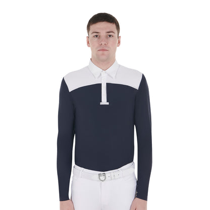 Polo de hombre de concurso de manga larga Equestro - White/Navy Blazer