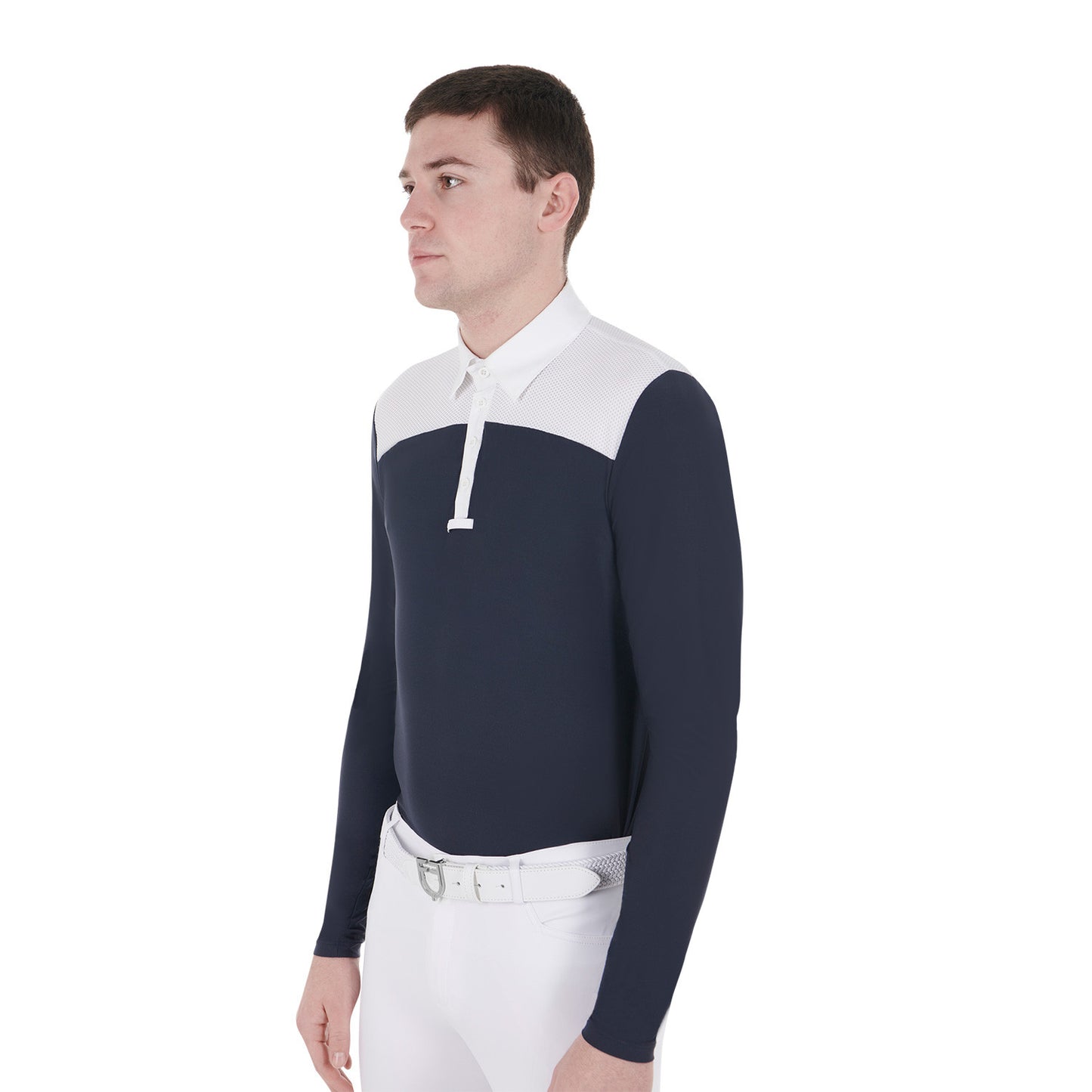 Polo de hombre de concurso de manga larga Equestro - White/Navy Blazer