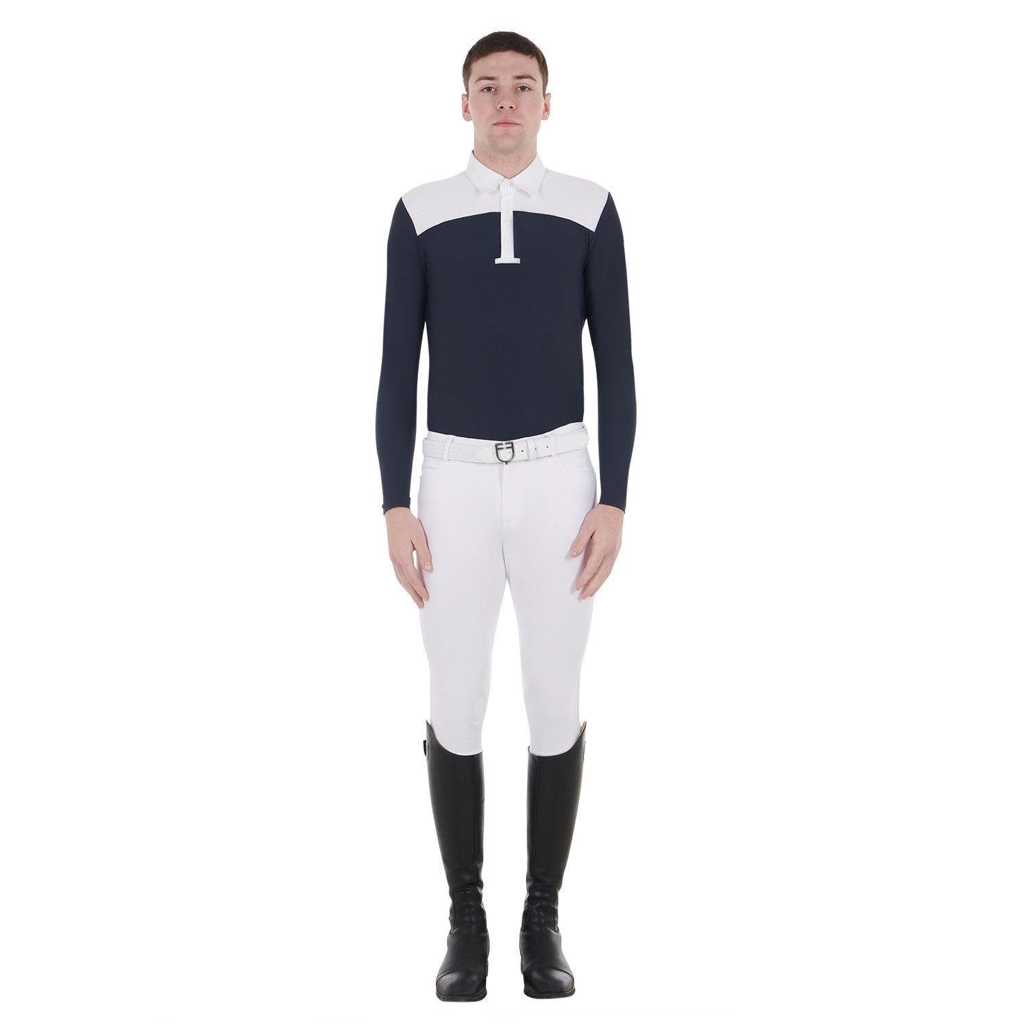 Polo de hombre de concurso de manga larga Equestro - White/Navy Blazer