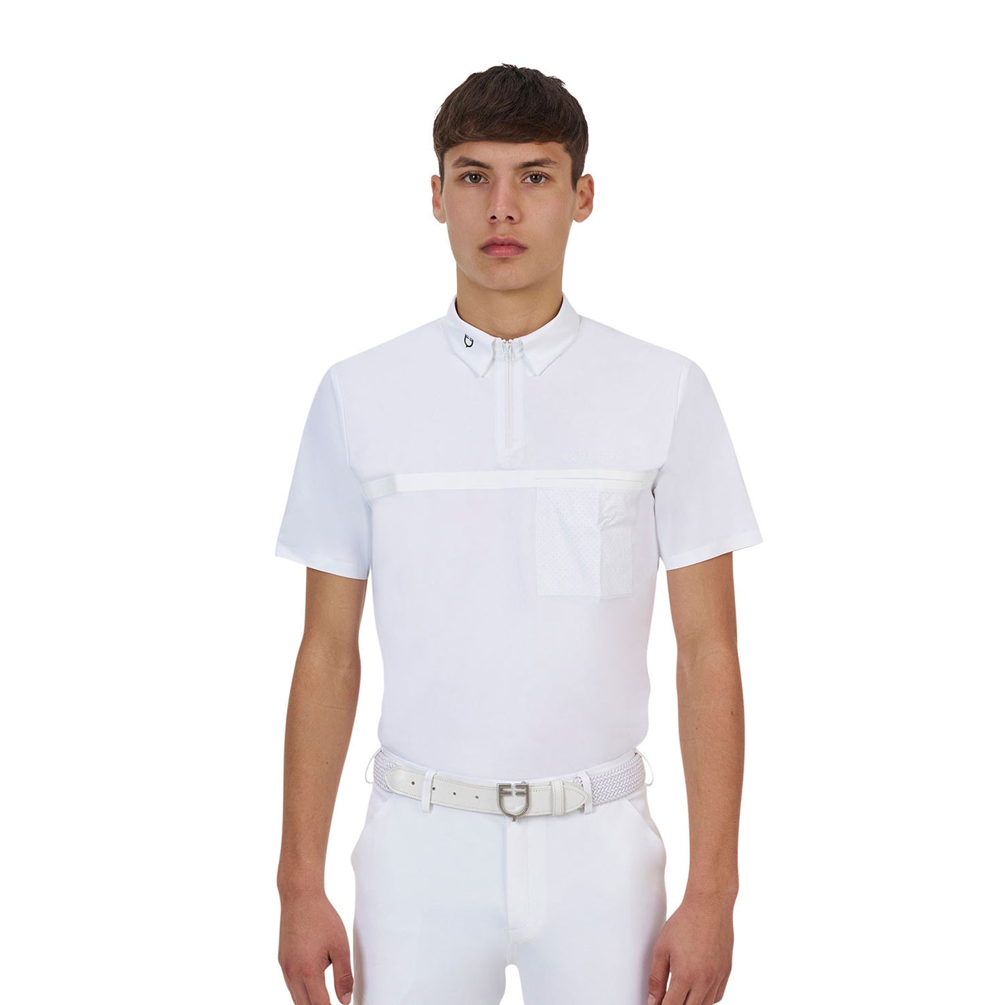 Polo concurso hombre Equestro Ridertechnology manga corta y cremallera - Blanco