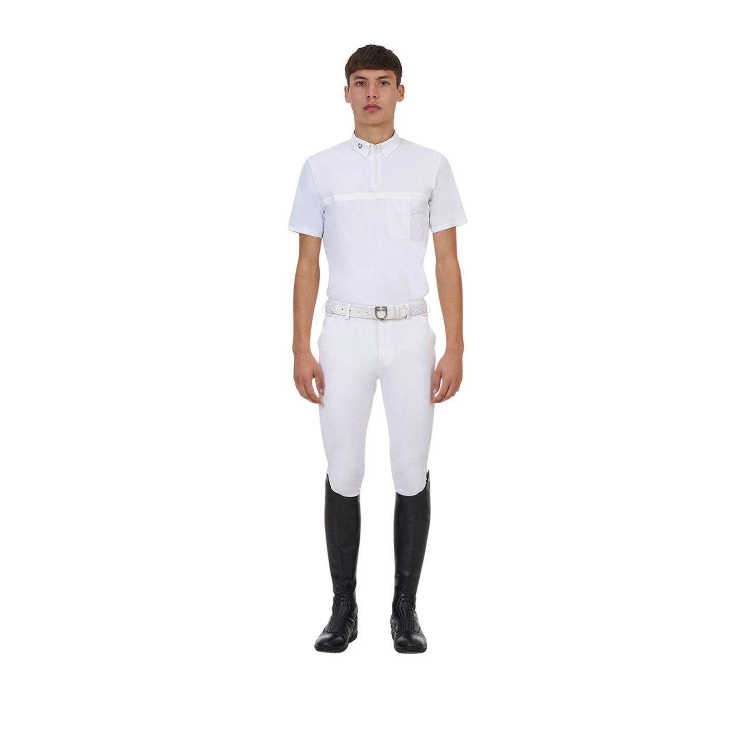 Polo concurso hombre Equestro Ridertechnology manga corta y cremallera - Blanco