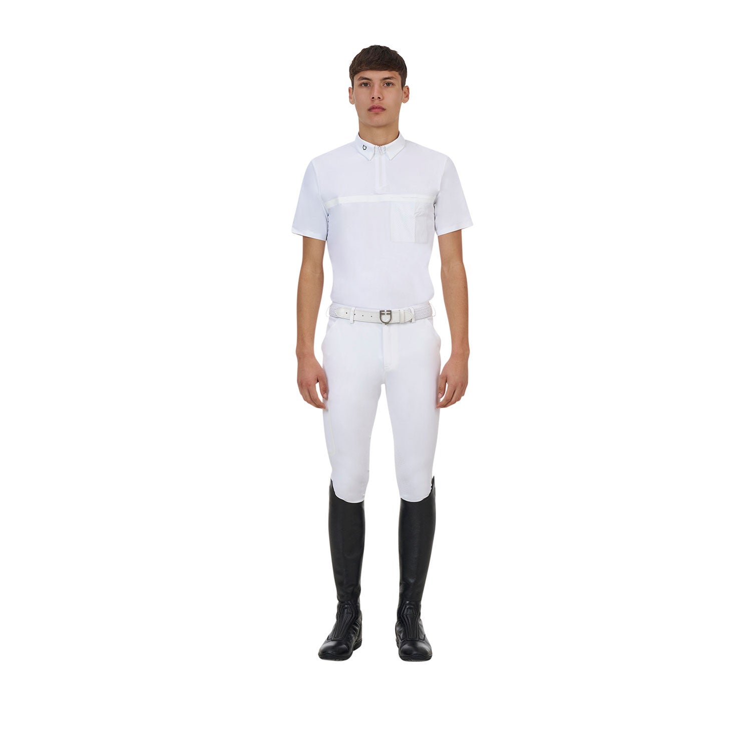 Polo concurso hombre Equestro Ridertechnology manga corta y cremallera - Blanco