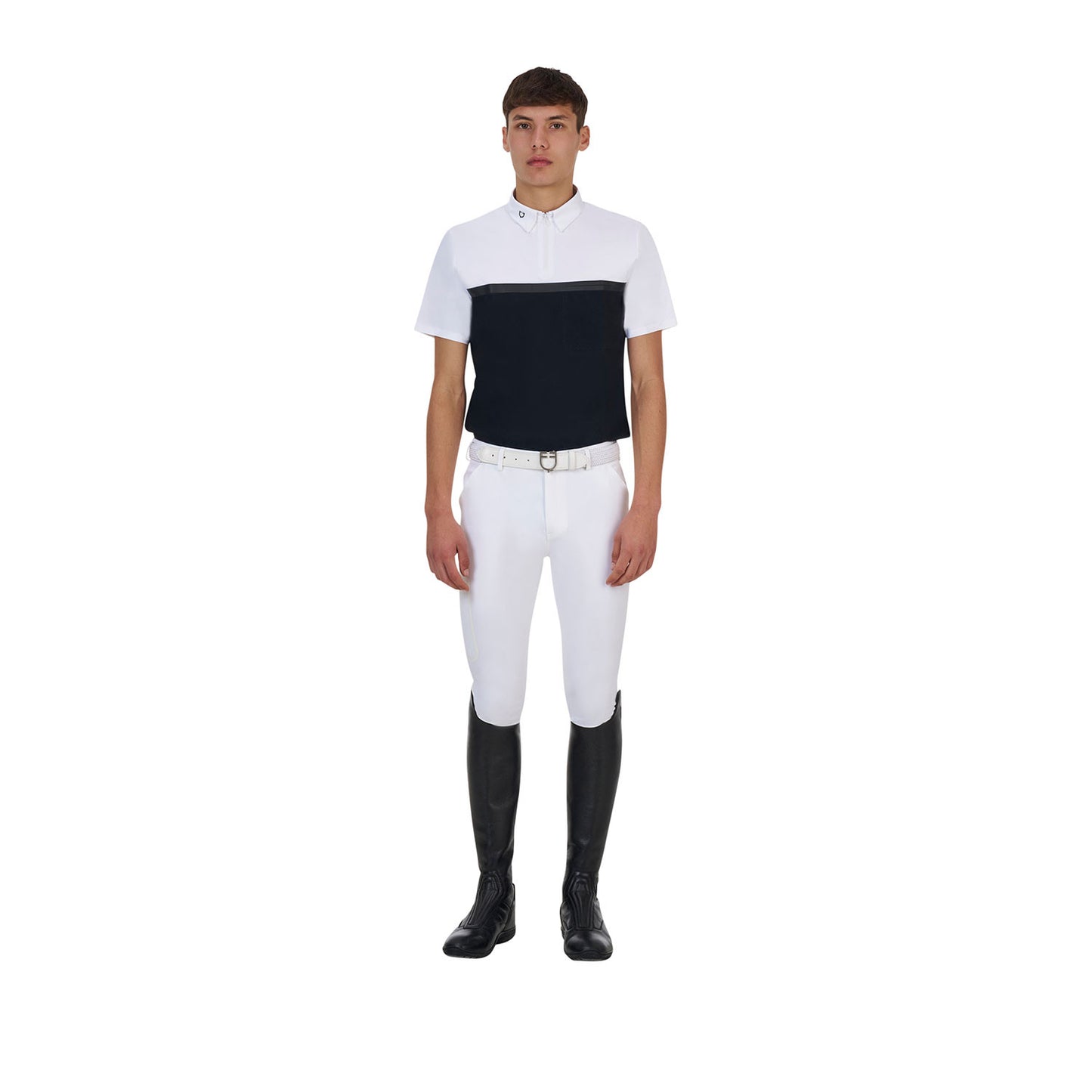 Polo concurso hombre Equestro Ridertechnology manga corta y cremallera - White/Black