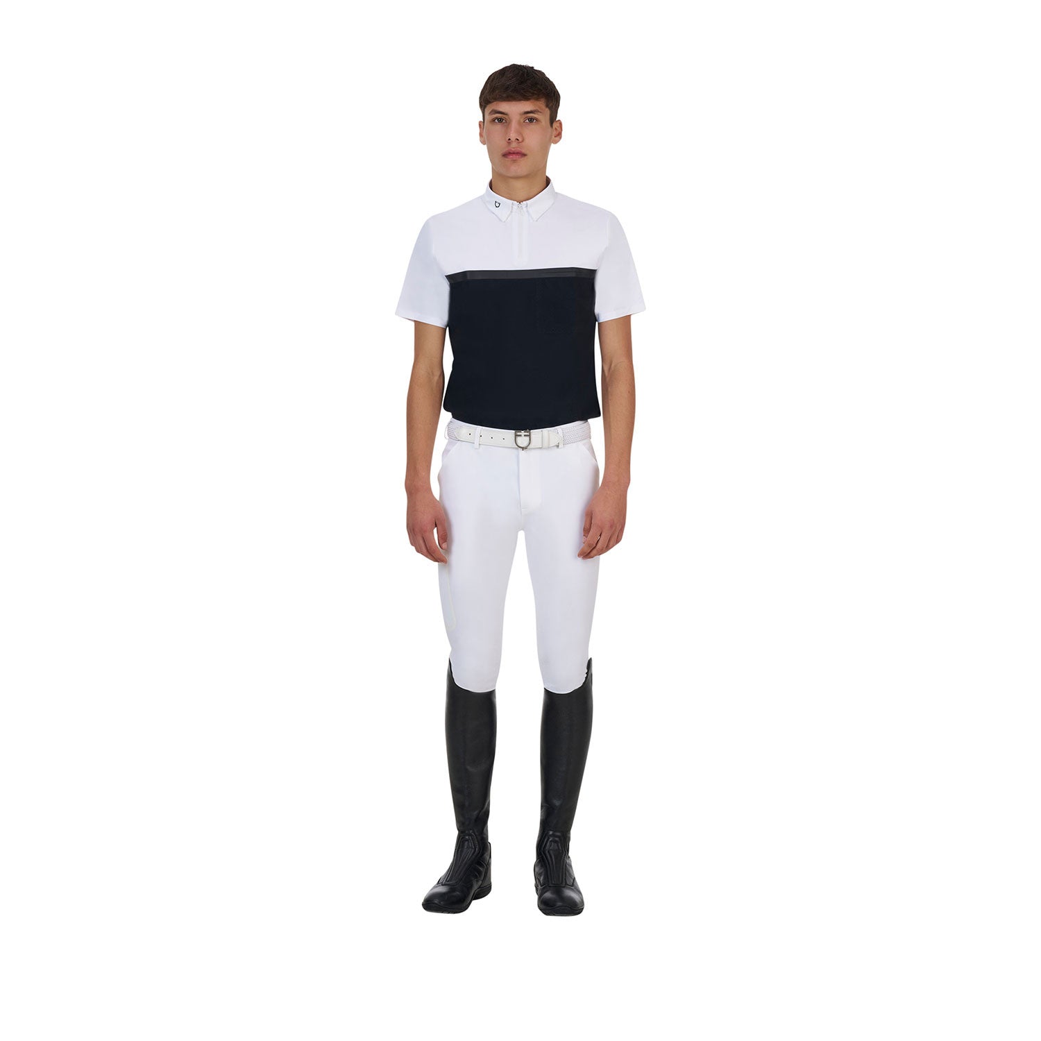 Polo concurso hombre Equestro Ridertechnology manga corta y cremallera - White/Black