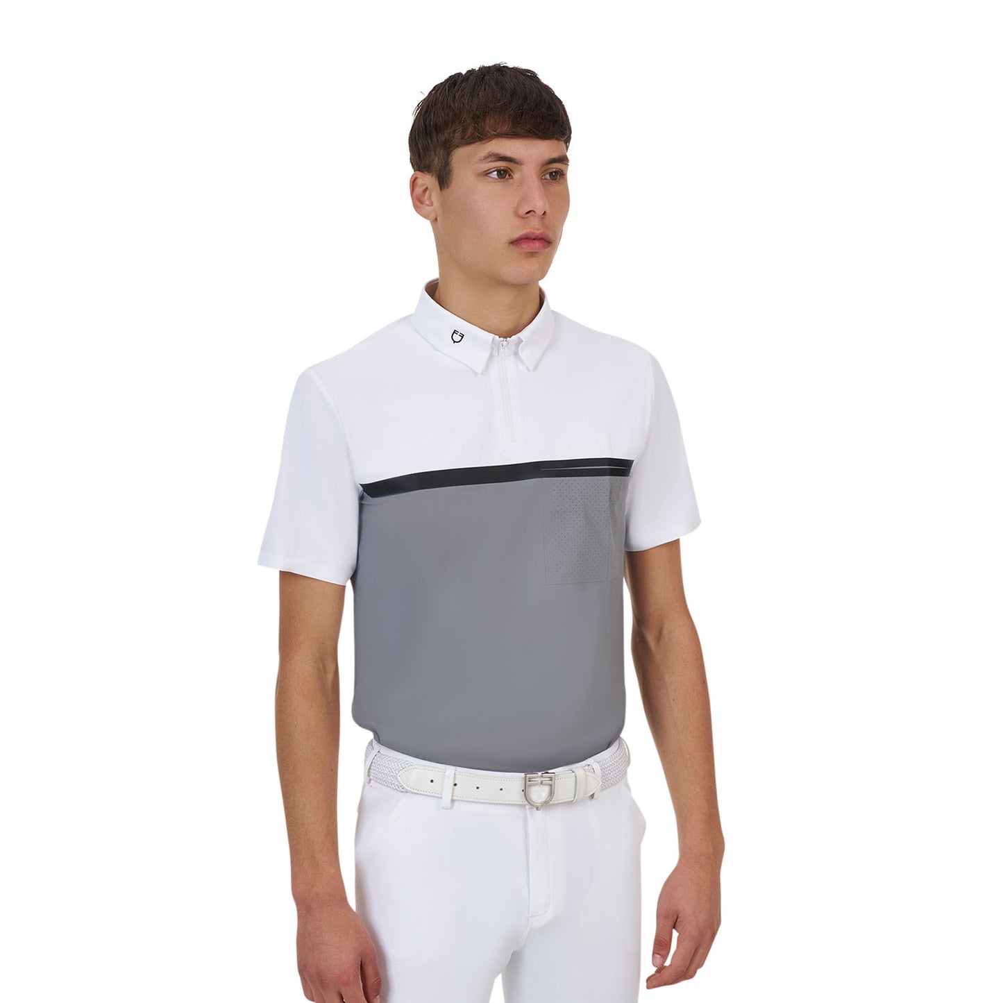 Polo concurso hombre Equestro Ridertechnology manga corta y cremallera - White/Mockingbird
