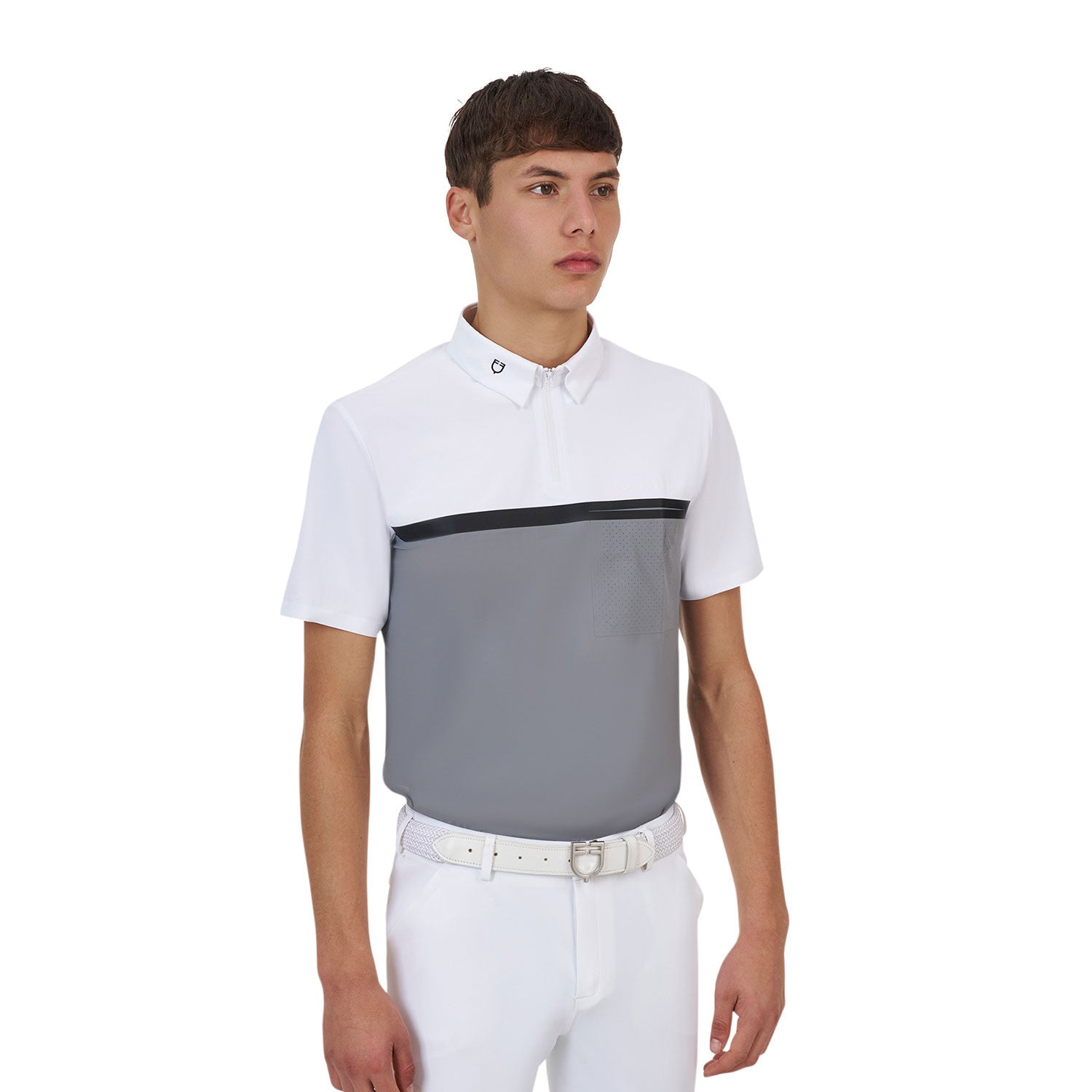 Polo concurso hombre Equestro Ridertechnology manga corta y cremallera - White/Mockingbird