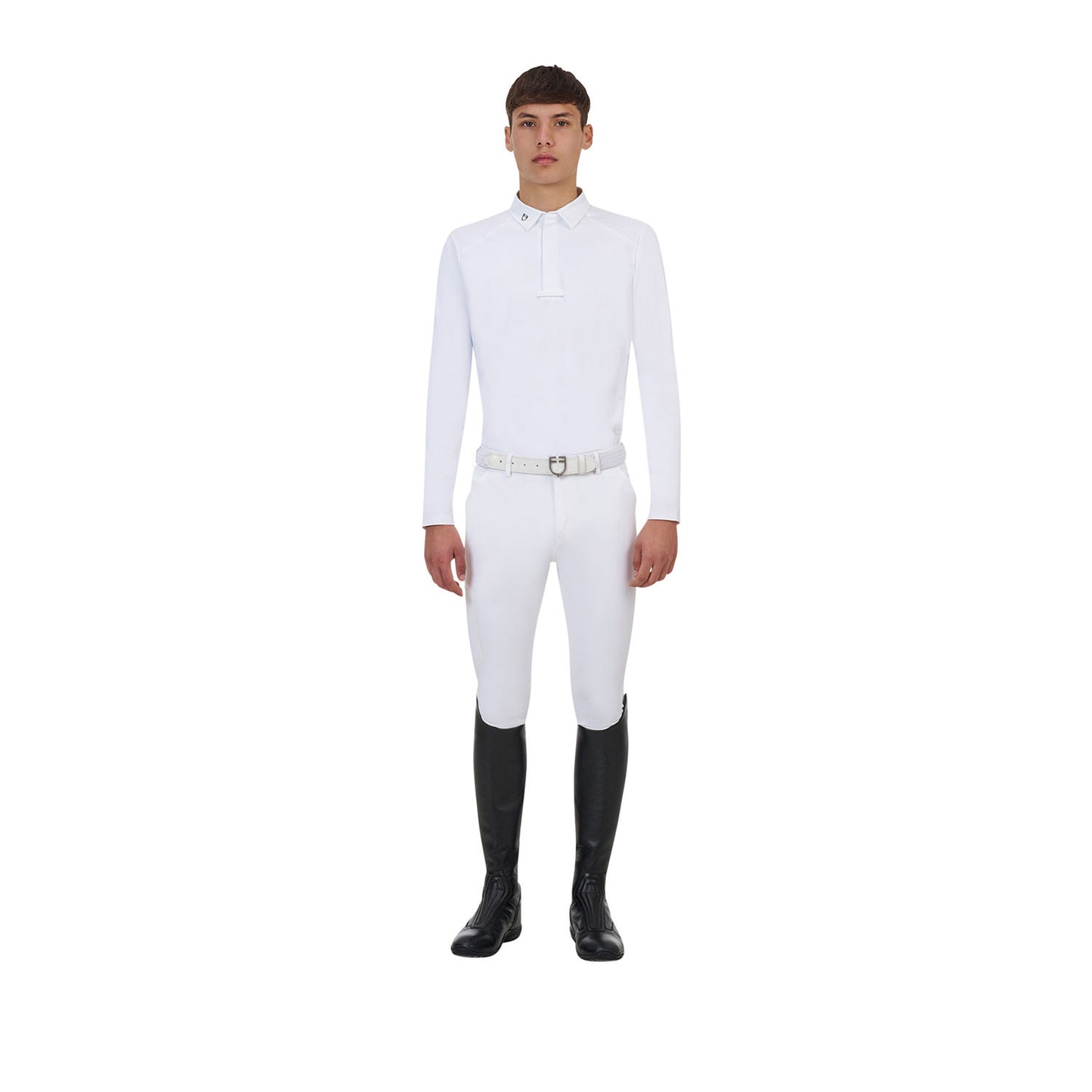 Polo concurso hombre Equestro Ridertechnology manga larga botones - Blanco