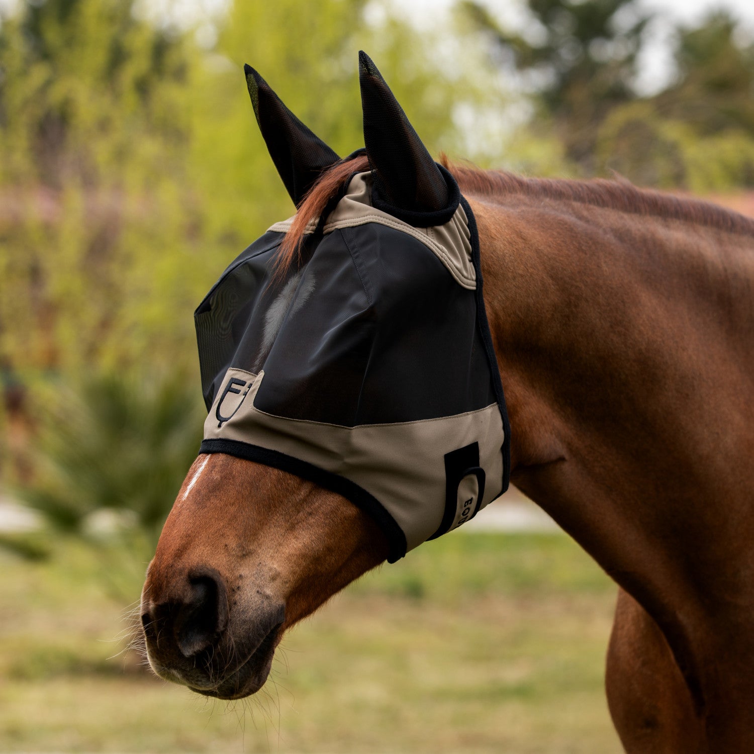 Máscara antimoscas con logotipo frontal Equestro - Walnut