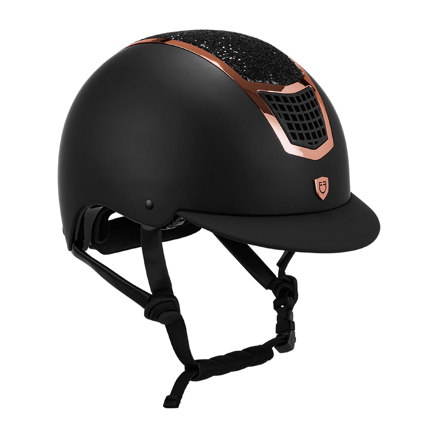 Casco con brillo homologación EN 1384-2023 Equestro - Black/Rose Gold