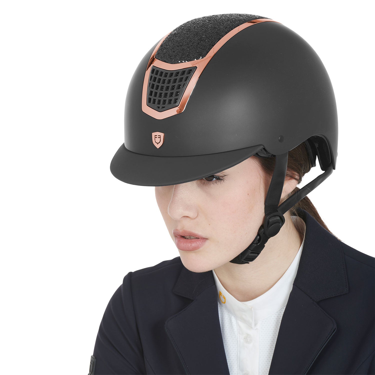 Casco con brillo homologación EN 1384-2023 Equestro - Black/Rose Gold