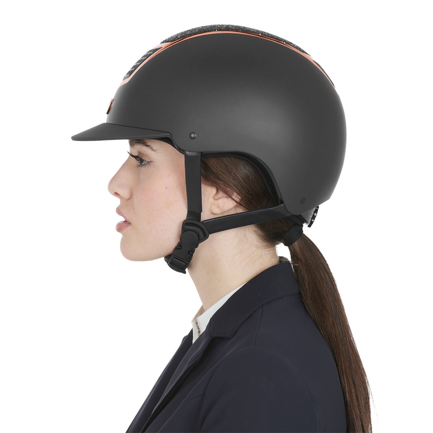 Casco con brillo homologación EN 1384-2023 Equestro - Black/Rose Gold