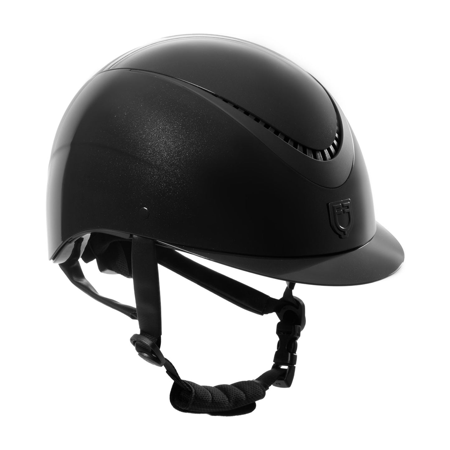 Casco brillante, correa de ecopiel, visera estrecha, homologación EN 1384-2023 Equestro - Black/Black Matt