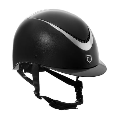Casco brillante, correa de ecopiel, visera estrecha, homologación EN 1384-2023 Equestro - Black/Silver