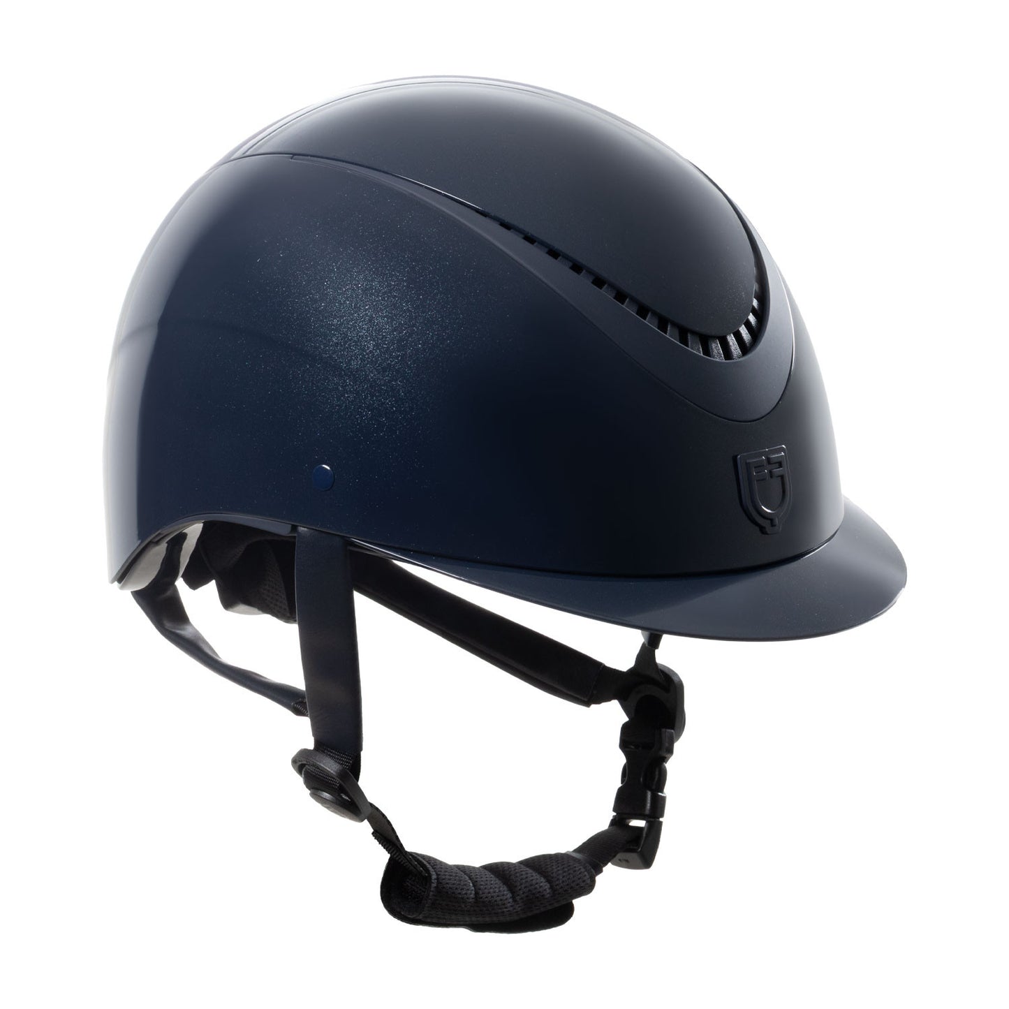 Casco brillante, correa de ecopiel, visera estrecha, homologación EN 1384-2023 Equestro - Navy/Navy Matt