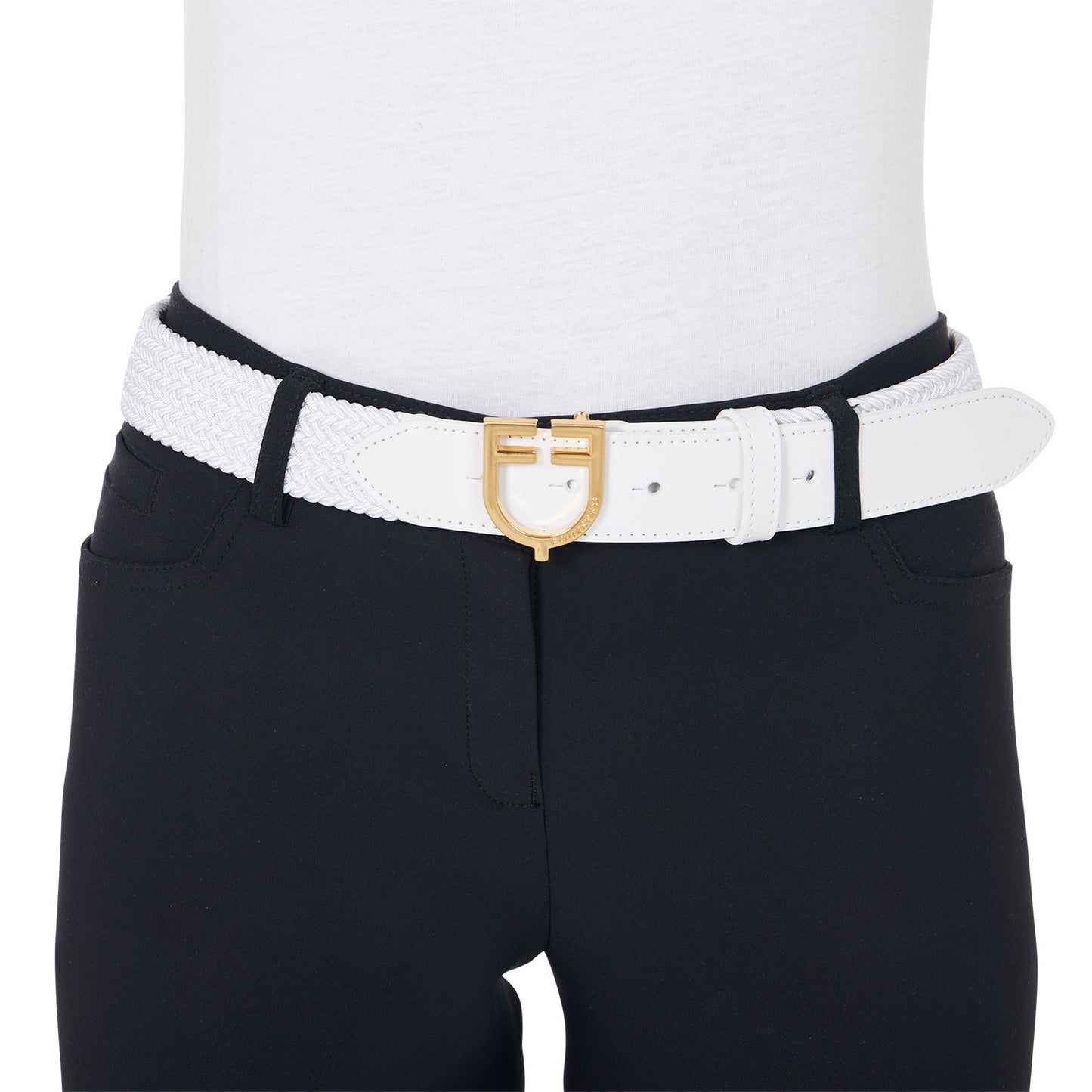 Cinturón de cuero con elástico y logo en la hebilla Equestro - Gold/White