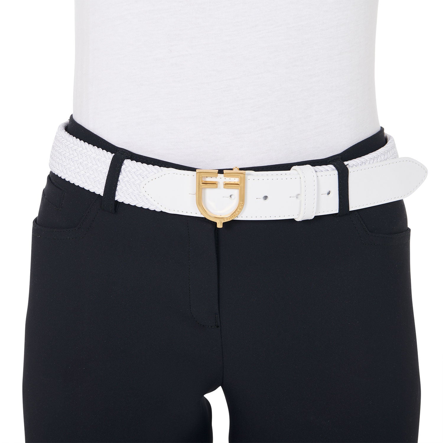 Cinturón de cuero con elástico y logo en la hebilla Equestro - Gold/White