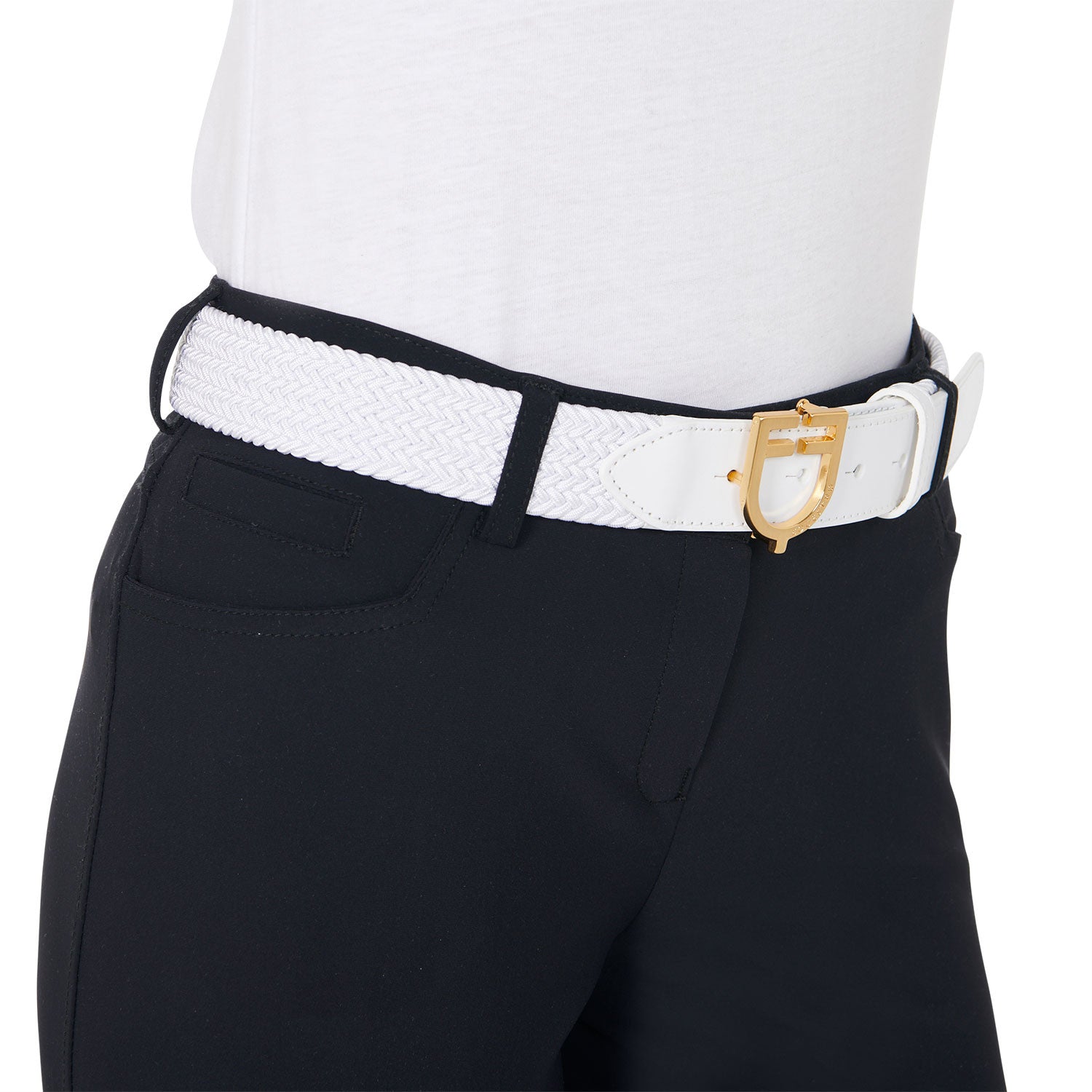 Cinturón de cuero con elástico y logo en la hebilla Equestro - Gold/White