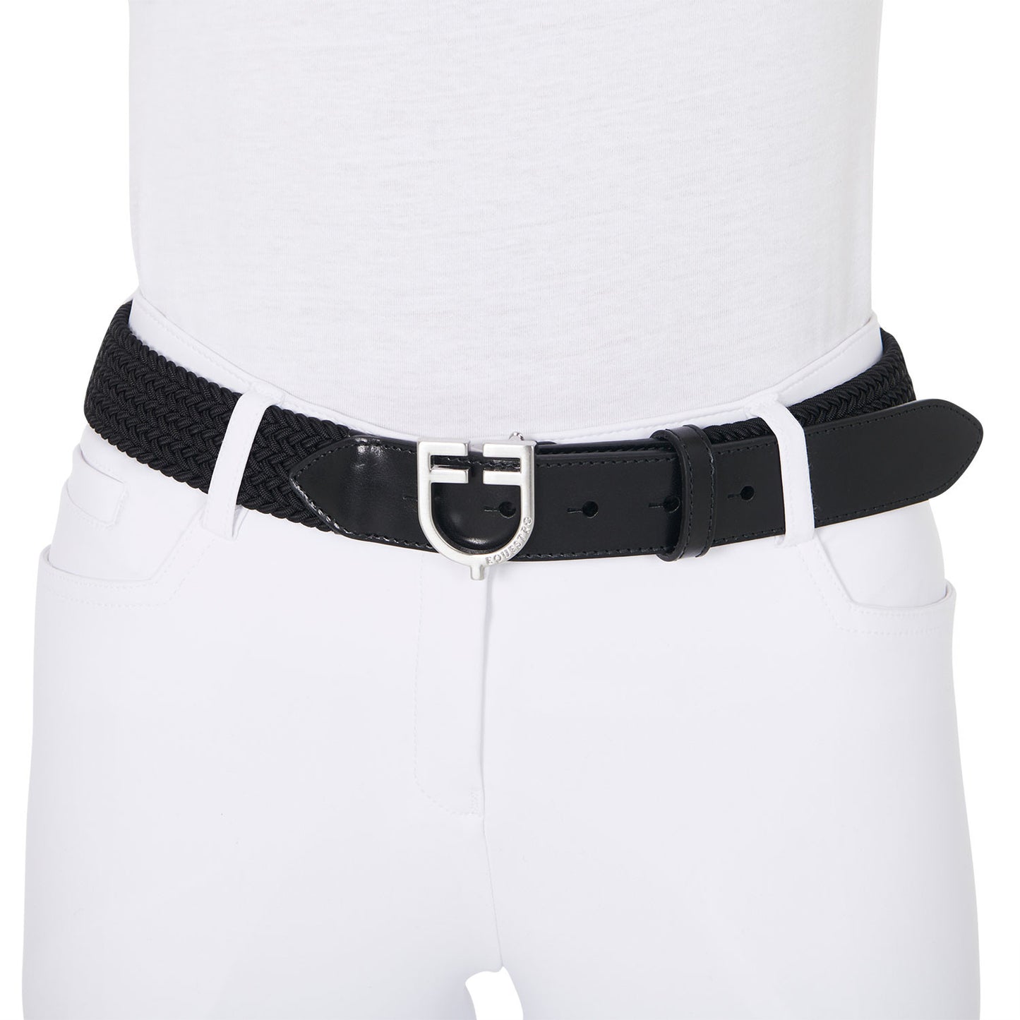 Cinturón de cuero con elástico y logo en la hebilla Equestro - Silver/Black