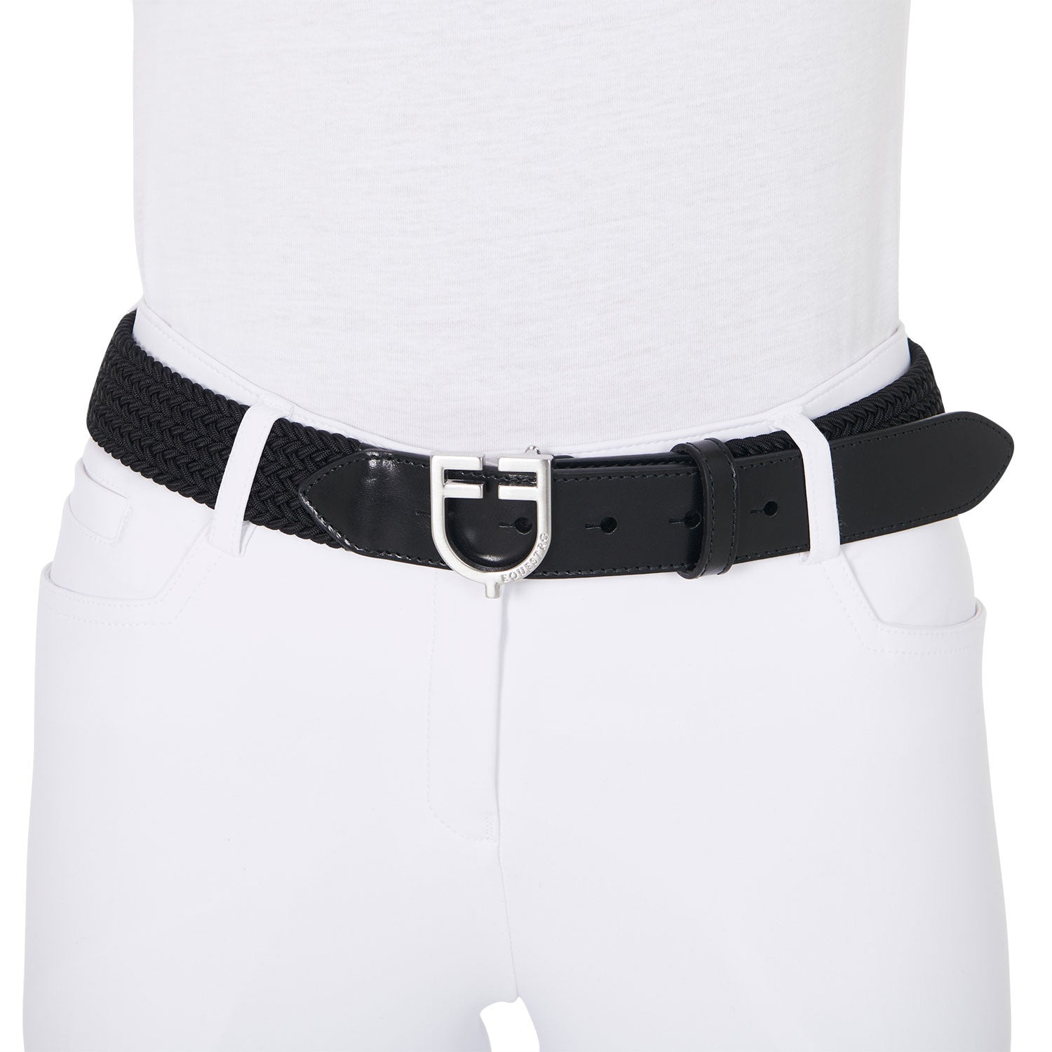 Cinturón de cuero con elástico y logo en la hebilla Equestro - Silver/Black