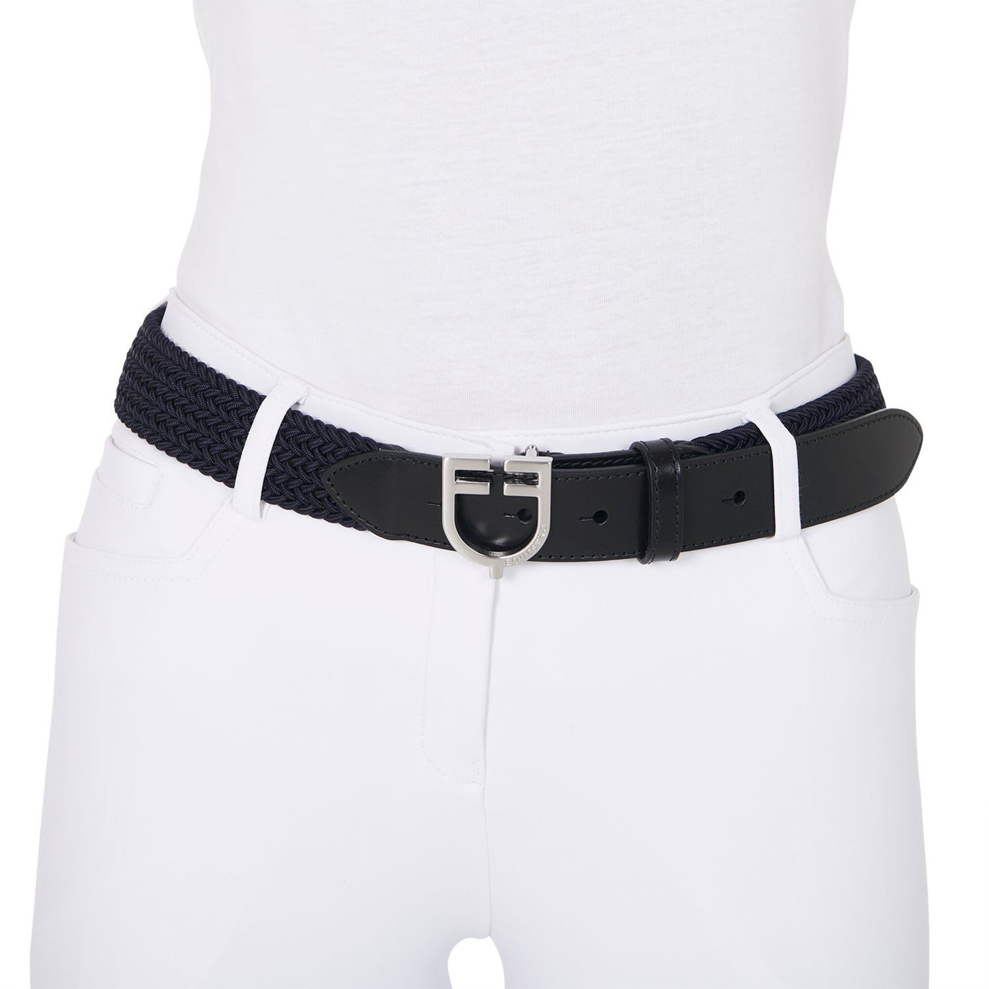Cinturón de cuero con elástico y logo en la hebilla Equestro - Silver/Navy