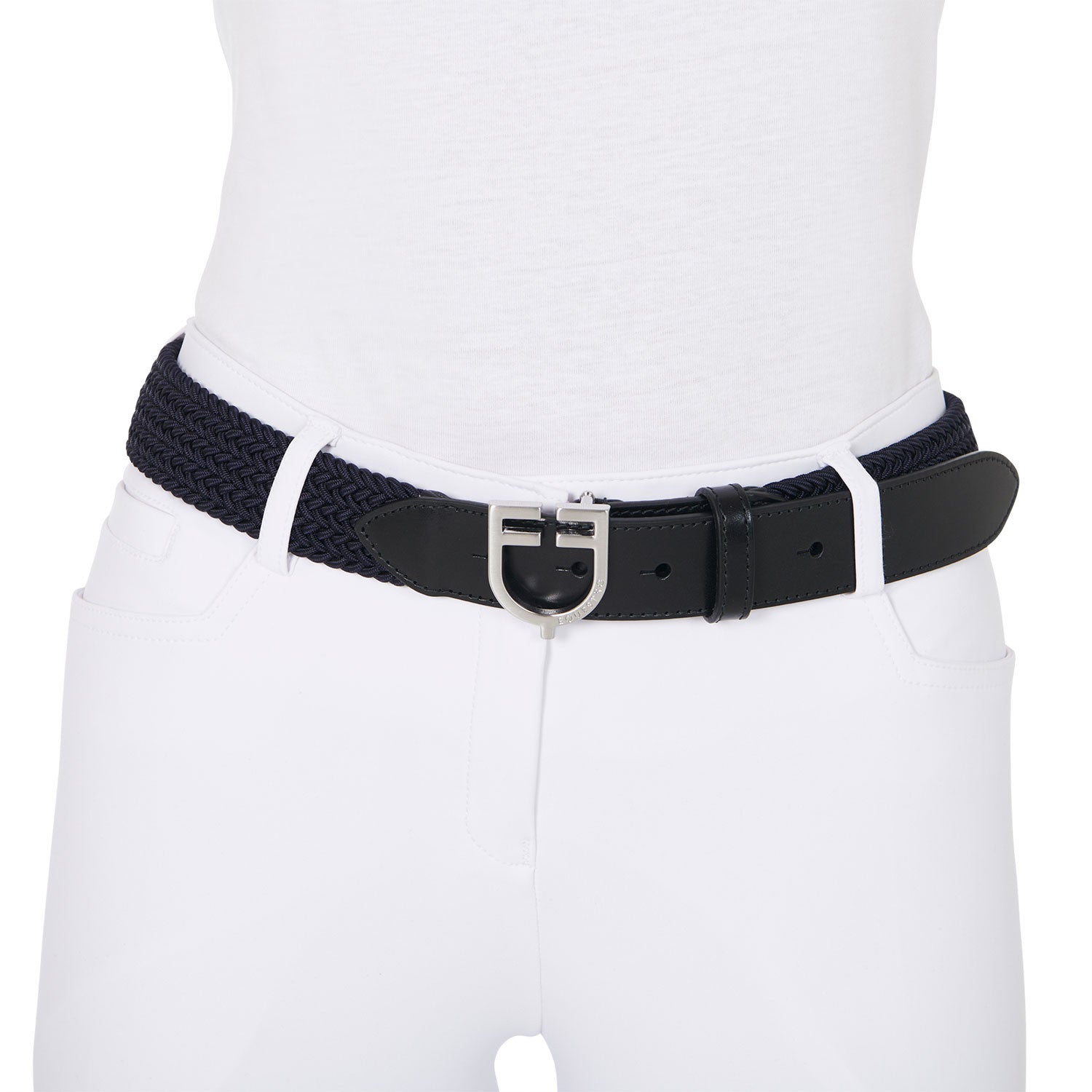Cinturón de cuero con elástico y logo en la hebilla Equestro - Silver/Navy