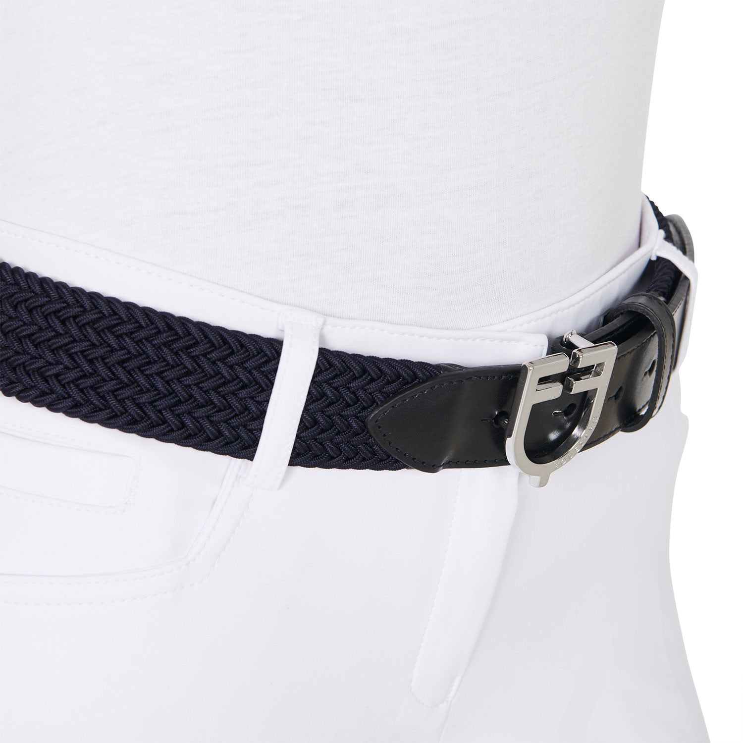 Cinturón de cuero con elástico y logo en la hebilla Equestro - Silver/Navy