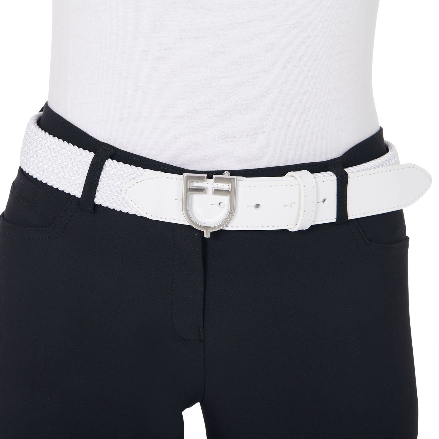 Cinturón de cuero con elástico y logo en la hebilla Equestro - Silver/White