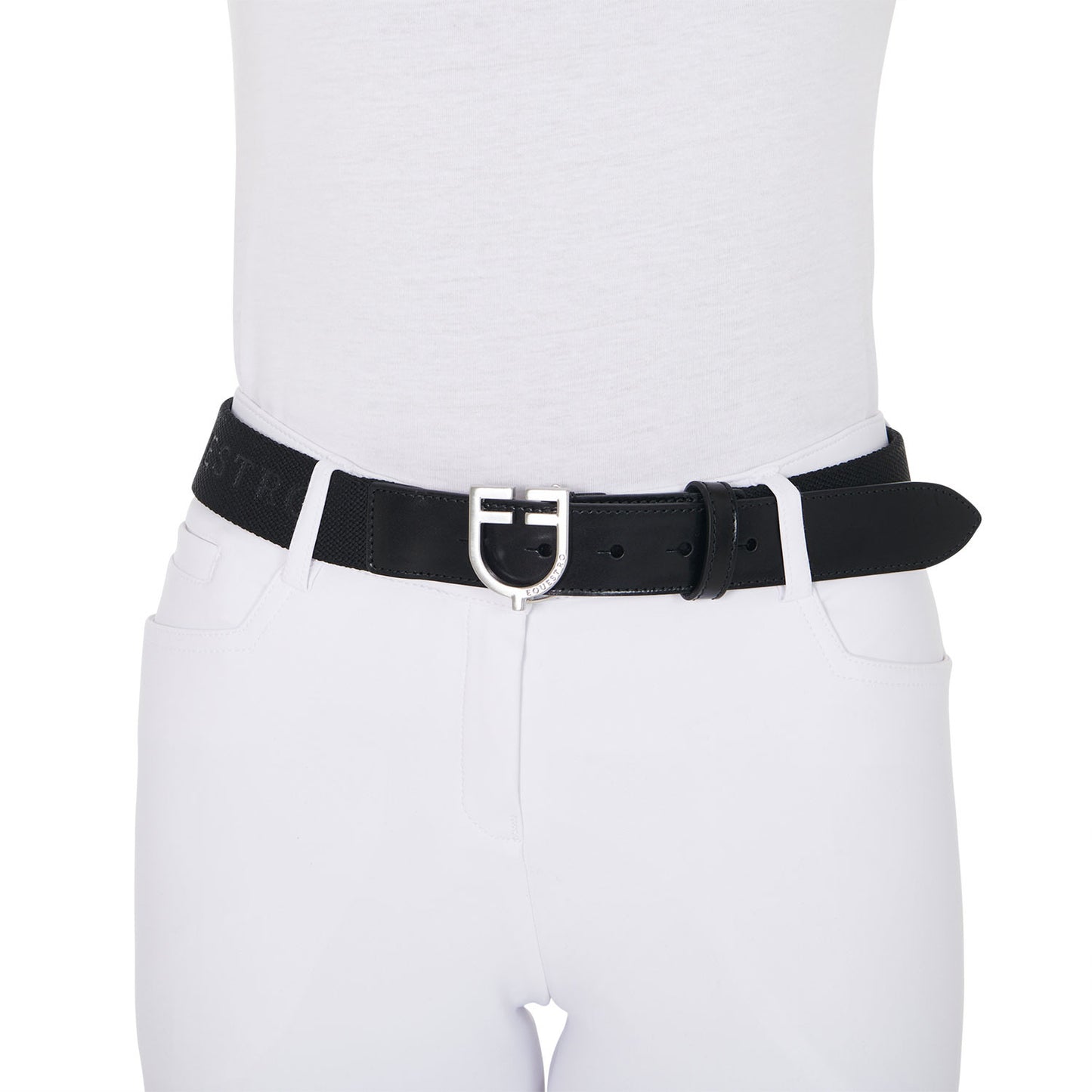 Cinturón de cuero con elástico y inscripción Equestro - Black/Silver