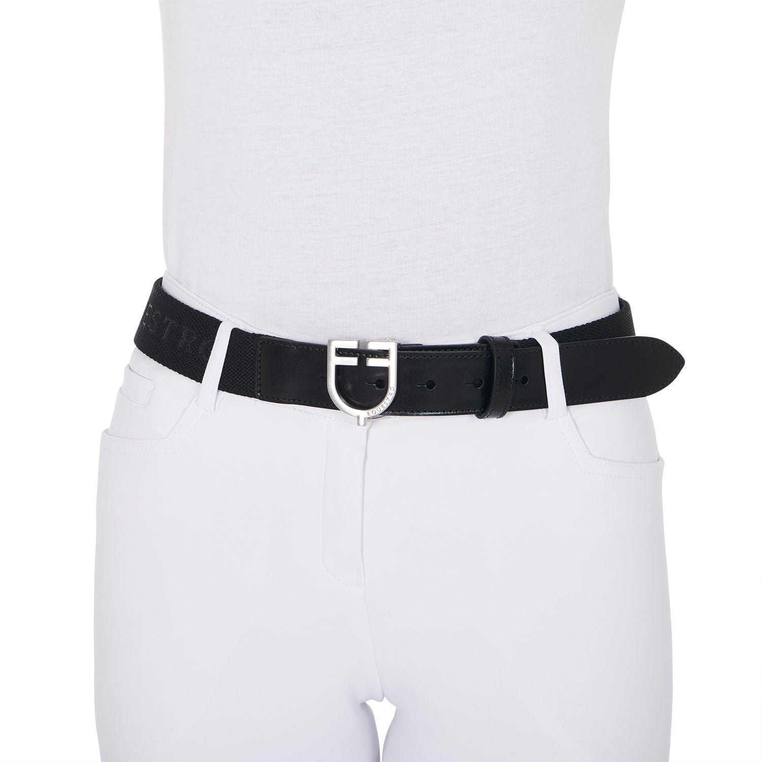 Cinturón de cuero con elástico y inscripción Equestro - Black/Silver