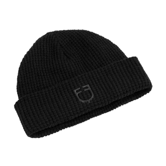 Gorro unisex de lana acanalada con logo Equestro - Negro