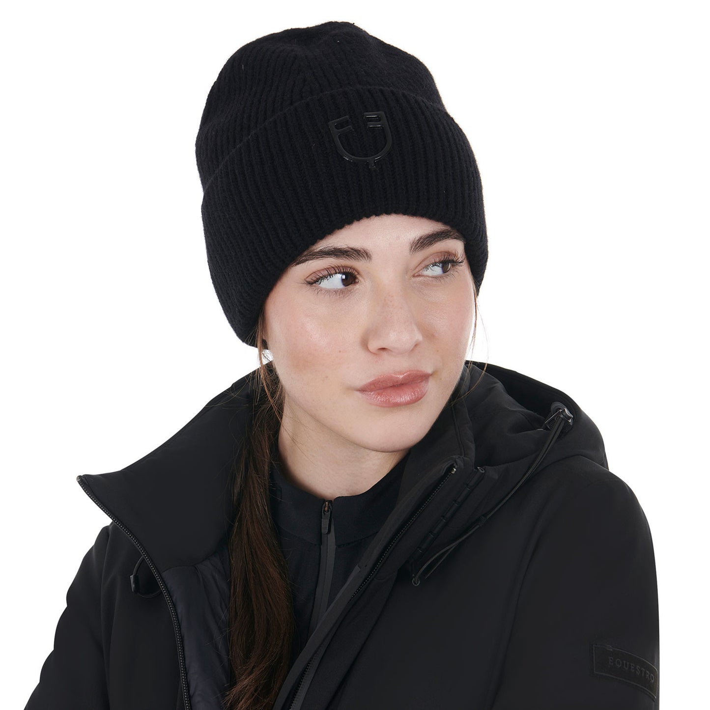 Gorro unisex de lana acanalada con logo Equestro - Negro