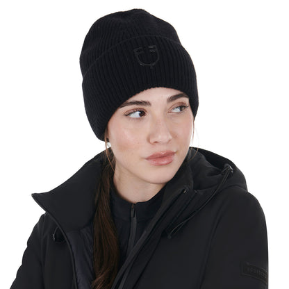Gorro unisex de lana acanalada con logo Equestro - Negro