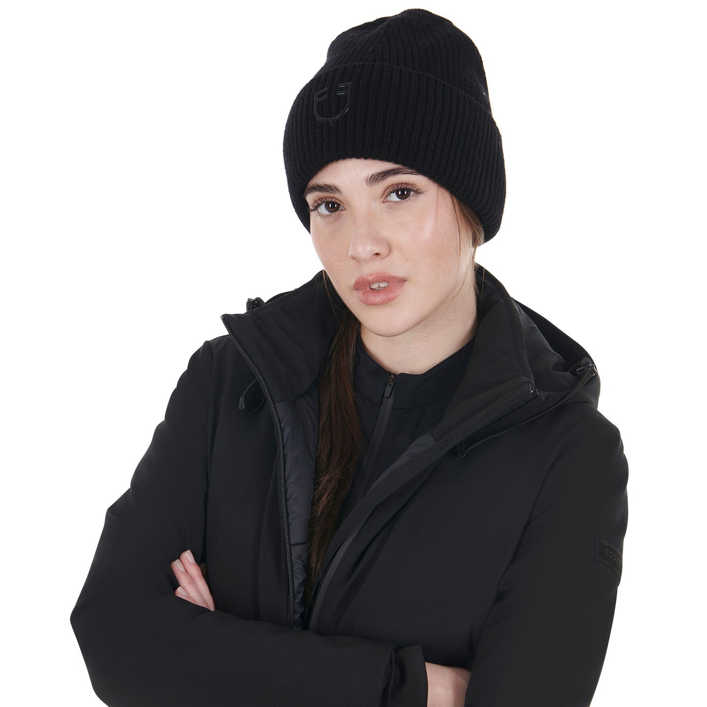 Gorro unisex de lana acanalada con logo Equestro - Negro