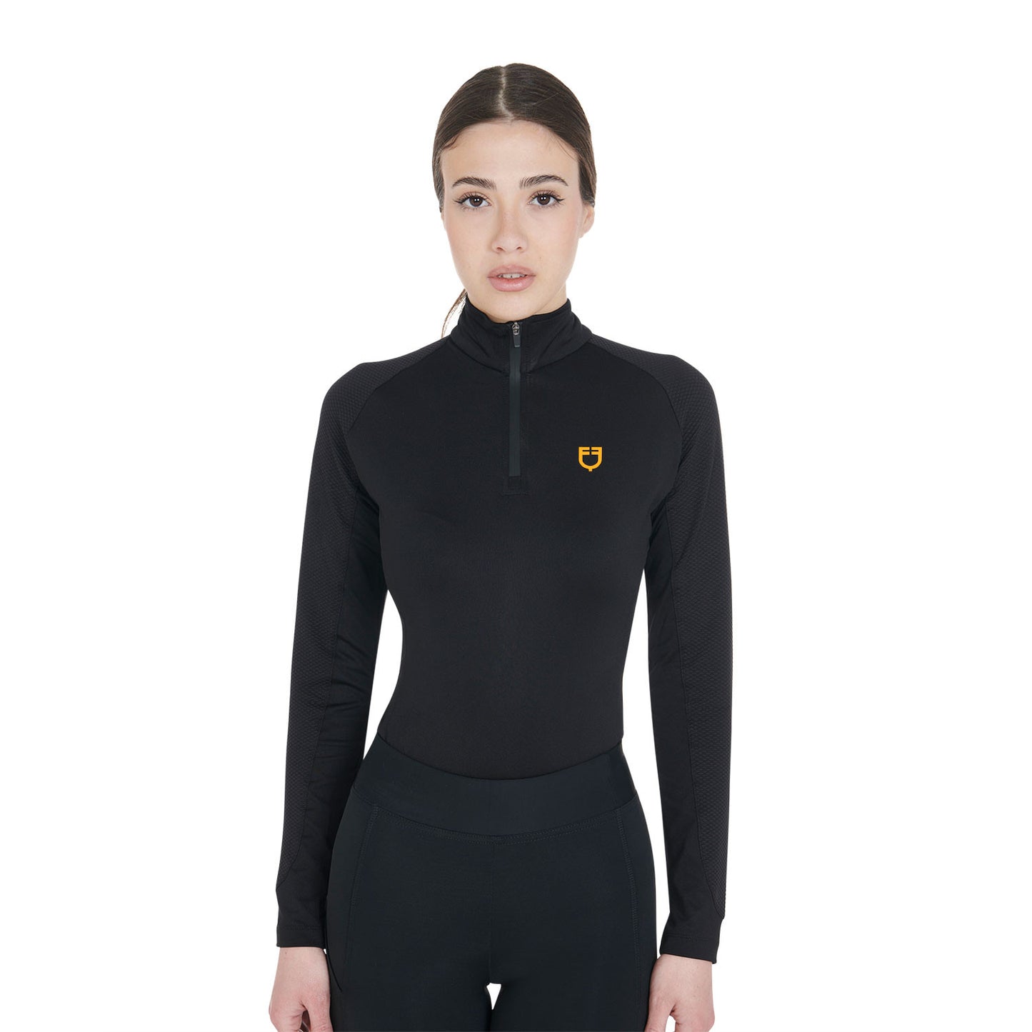 Capa base mujer slim fit manga larga Equestro - Black/Yellow 1235C