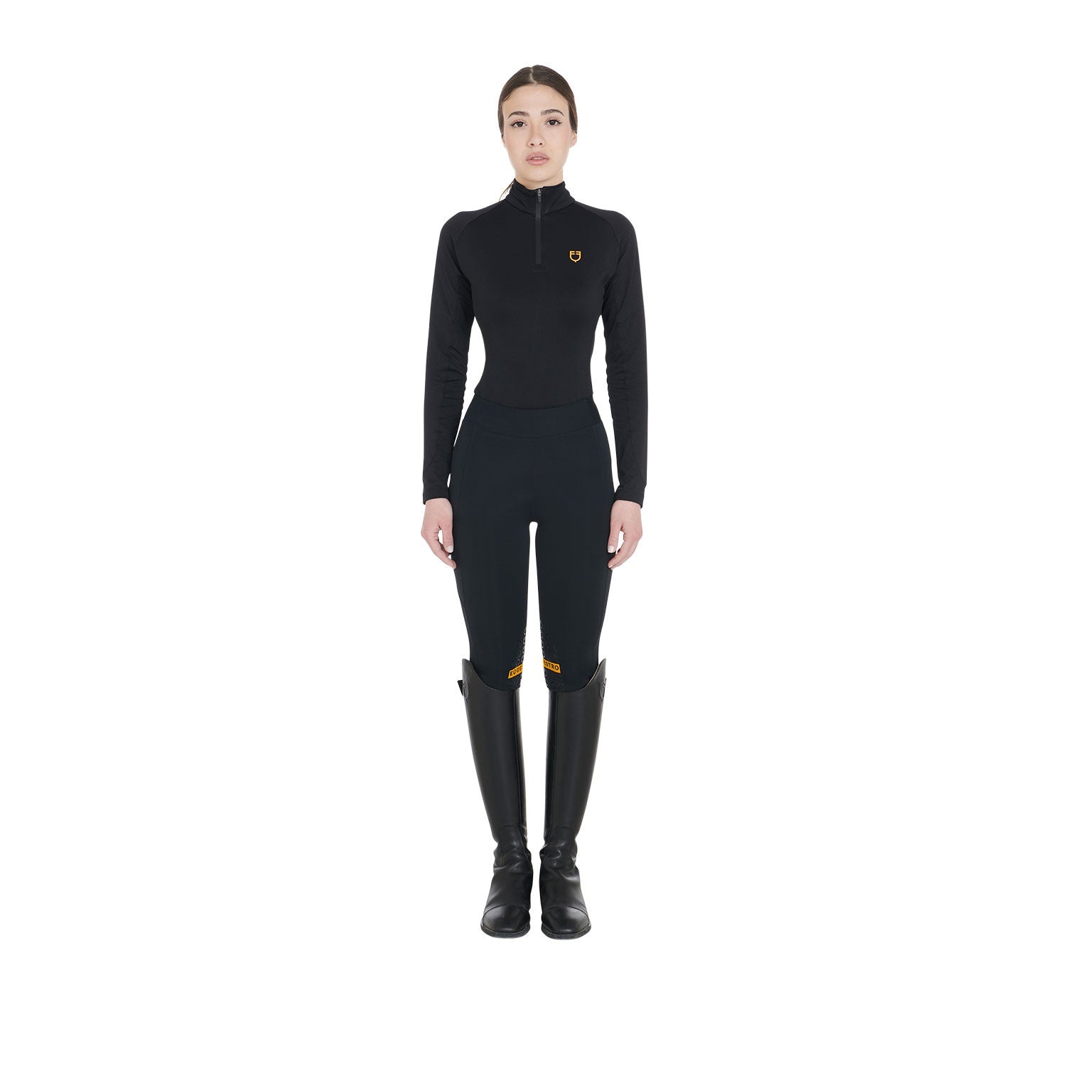 Capa base mujer slim fit manga larga Equestro - Black/Yellow 1235C