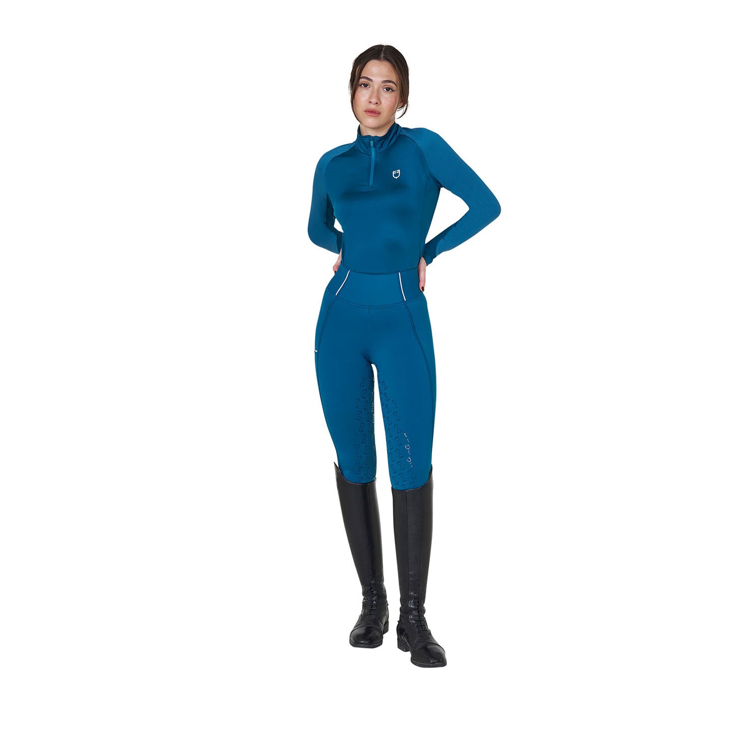 Capa base mujer slim fit manga larga Equestro - Blue Coral (19-4526)/White