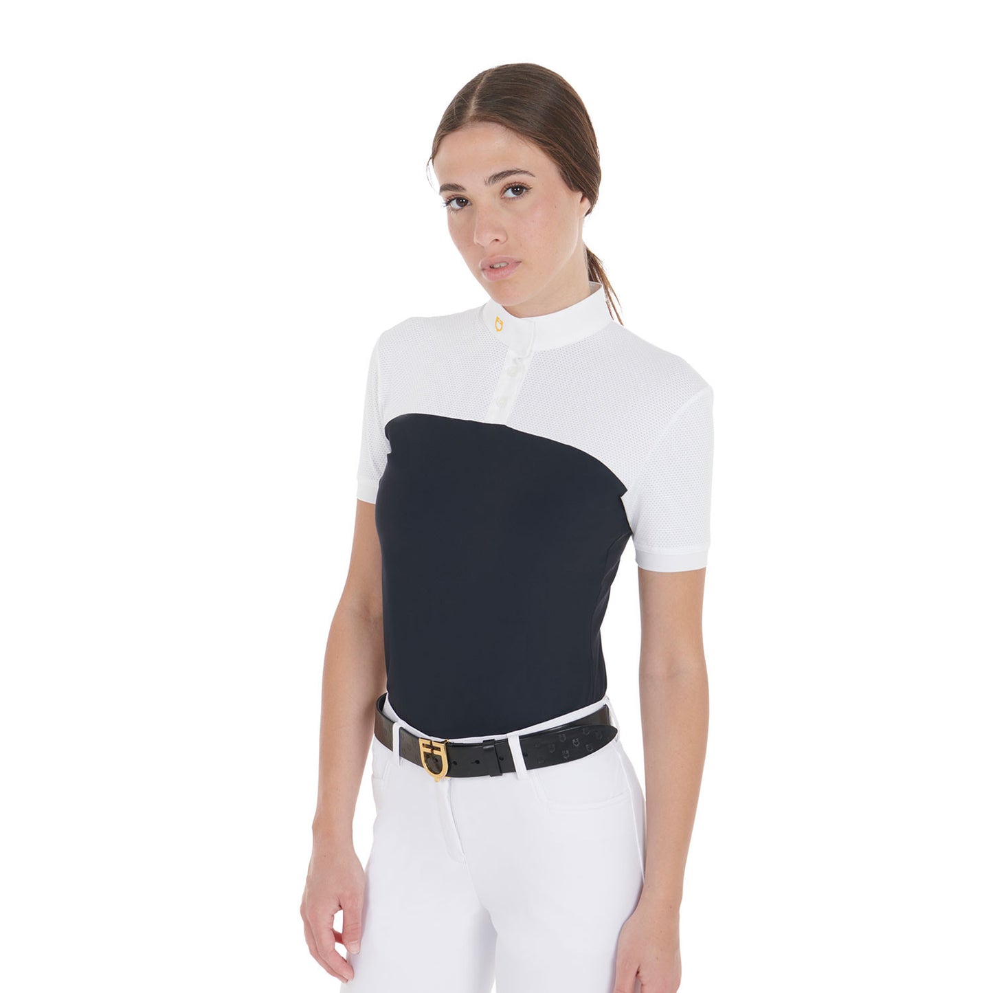 Polo de mujer slim fit de tejido técnico y malla Equestro - Azul marino