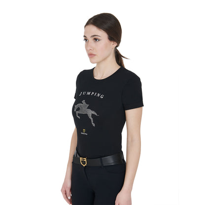 Camiseta mujer entallada diseño salto con strass Equestro - Negro