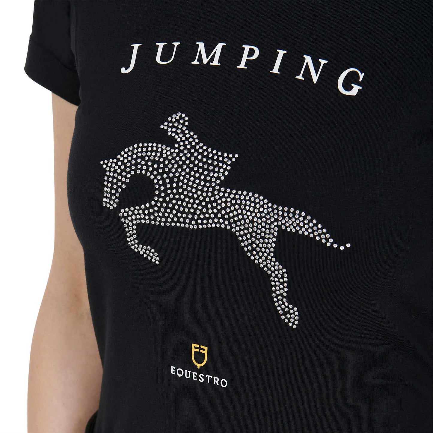 Camiseta mujer entallada diseño salto con strass Equestro - Negro