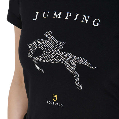 Camiseta mujer entallada diseño salto con strass Equestro - Negro