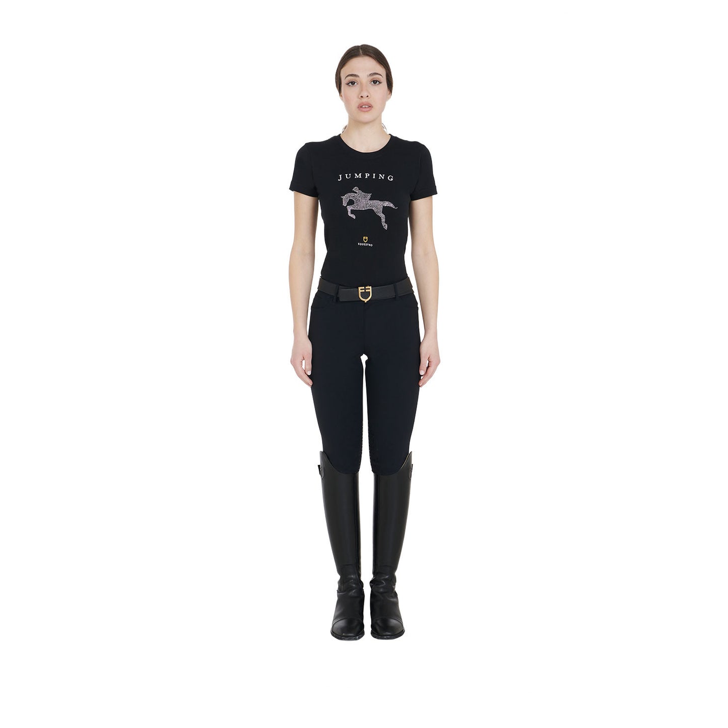 Camiseta mujer entallada diseño salto con strass Equestro - Negro