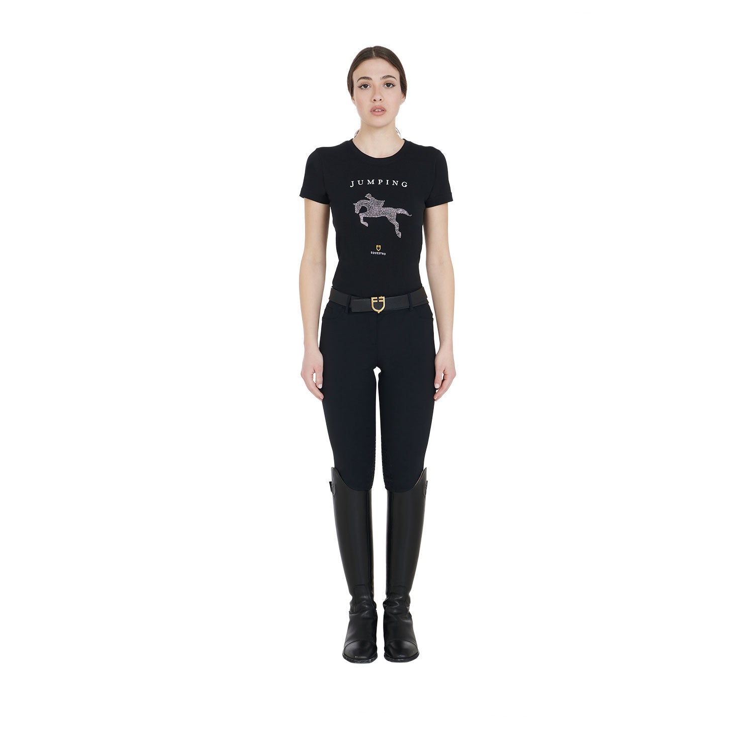 Camiseta mujer entallada diseño salto con strass Equestro - Negro