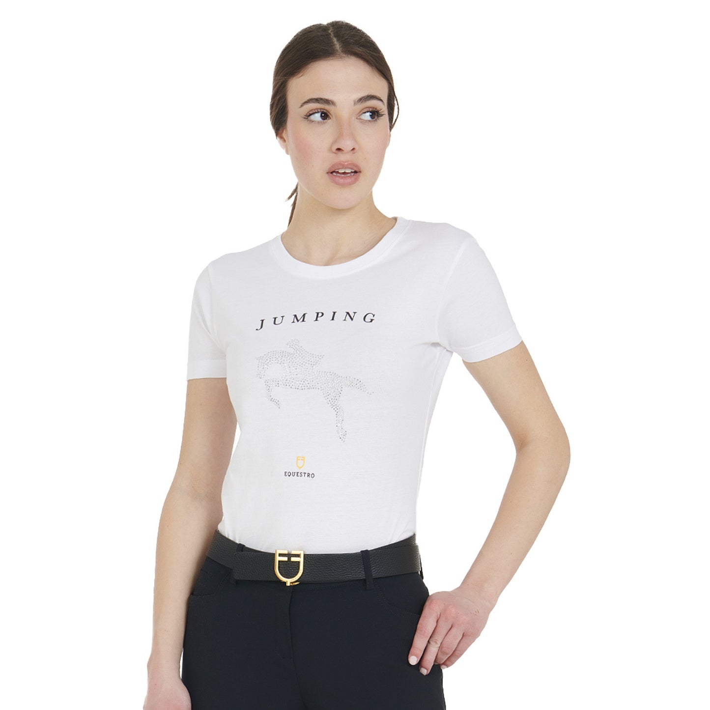 Camiseta mujer entallada diseño salto con strass Equestro - Blanco