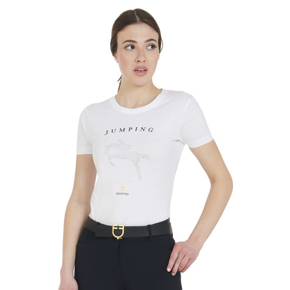Camiseta mujer entallada diseño salto con strass Equestro - Blanco