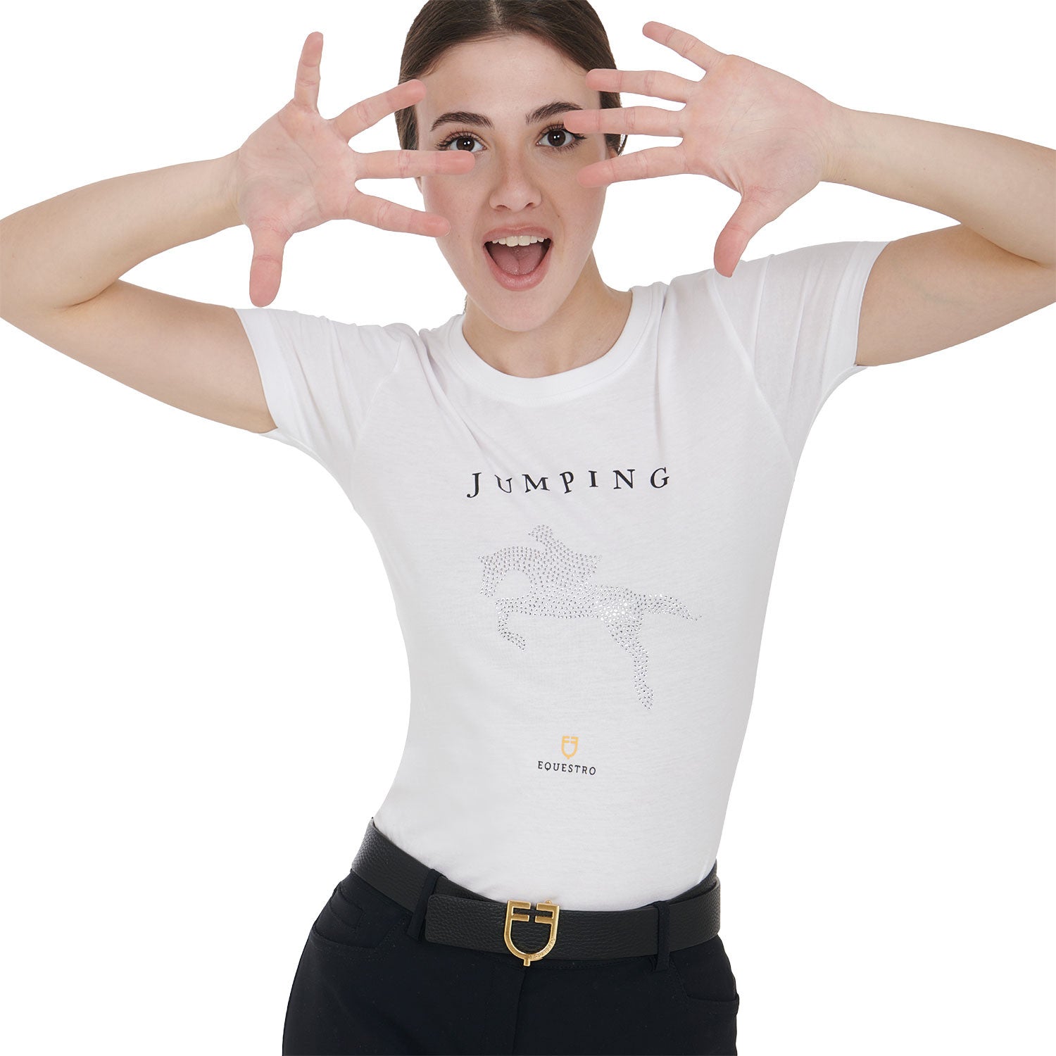 Camiseta mujer entallada diseño salto con strass Equestro - Blanco